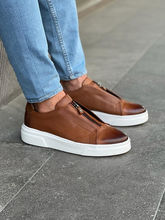 Brown Mid-Top Zipper Sneakers