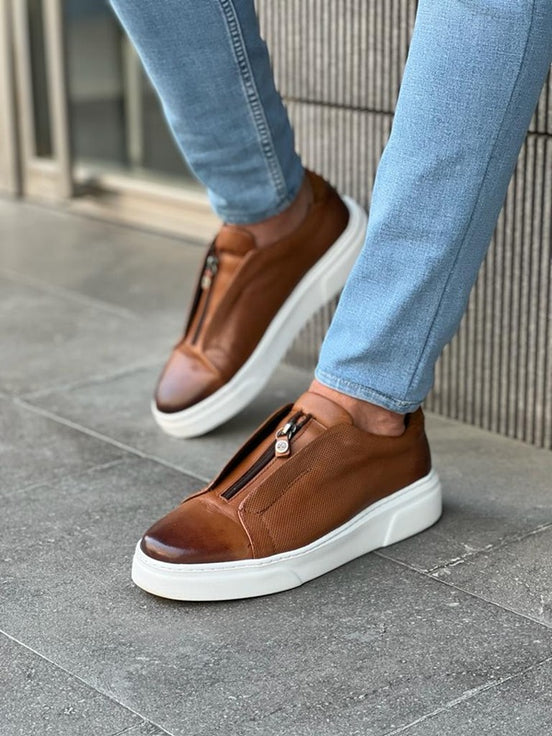 Brown Mid-Top Zipper Sneakers