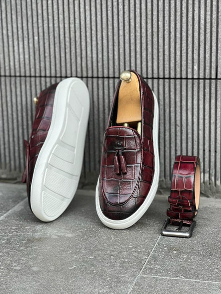 GentWith Laughlin Burgundy Crocodile Pattern Slip Ons