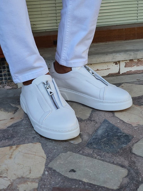 White Mid-Top Zipper Sneakers