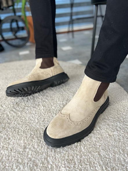 Lawton Beige Wing Tip Suede Chelsea Boots