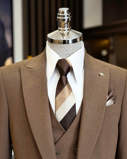 GentWith Manassas Brown Slim Fit 3 Piece Peak Lapel Suit