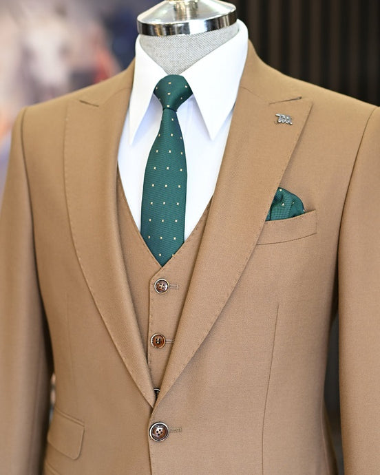 GentWith Manassas Camel Slim Fit 3 Piece Peak Lapel Suit