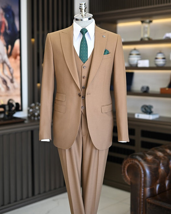 GentWith Manassas Camel Slim Fit 3 Piece Peak Lapel Suit