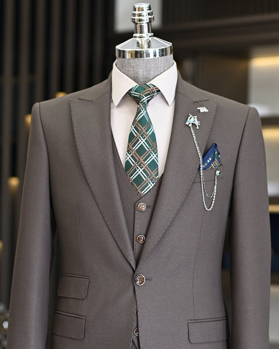 Coffee Brown Slim Fit 3 Piece Peak Lapel Suit