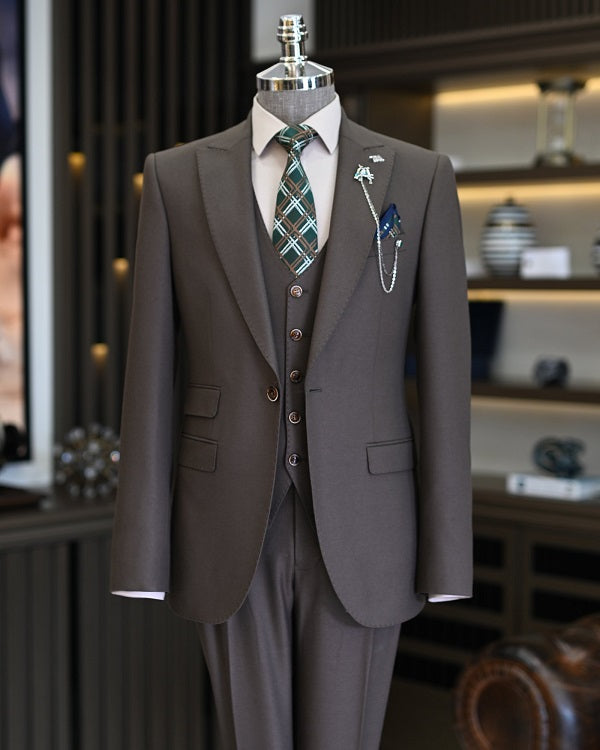 GentWith Manassas Coffee Brown Slim Fit 3 Piece Peak Lapel Suit