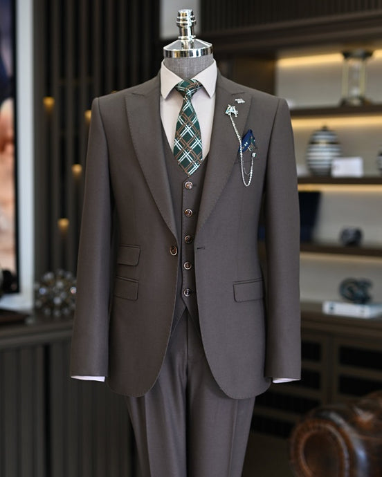 Coffee Brown Slim Fit 3 Piece Peak Lapel Suit