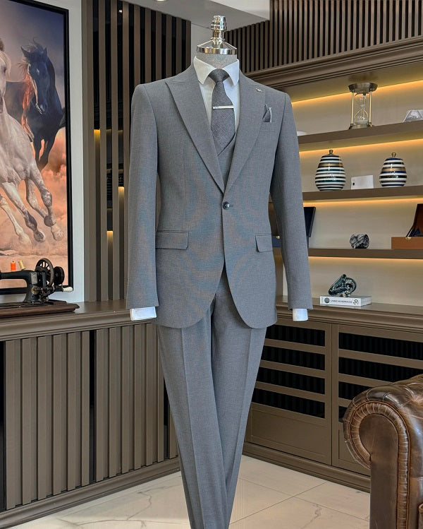 GentWith Manassas Gray Slim Fit 3 Piece Peak Lapel Suit