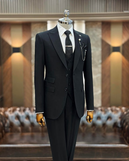 GentWith Manassas Jet Black Slim Fit 3 Piece Peak Lapel Suit