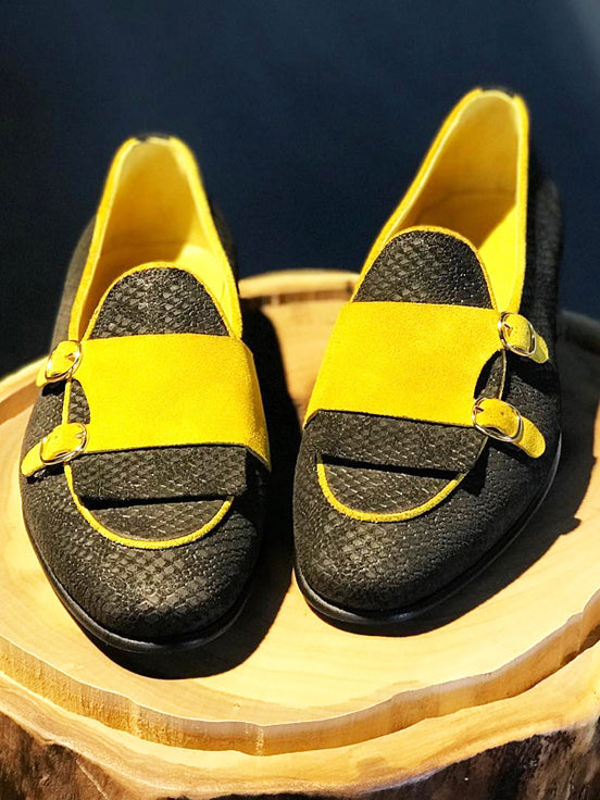 Yellow Black Double Monk Strap Shoes