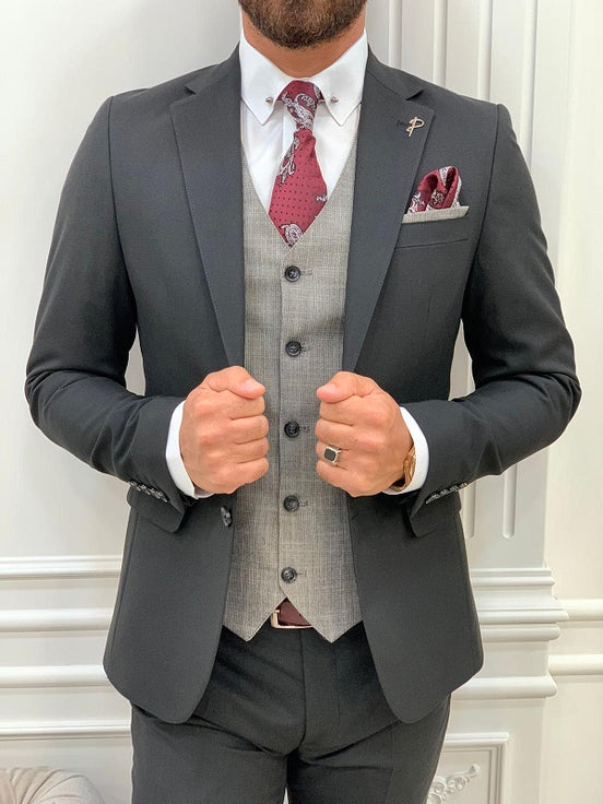 Black Slim Fit Three Piece Notch Lapel Wedding Groom Suit for Men by GentWith.com with Free Worldwide Shipping