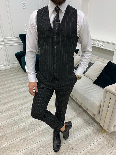 Miami Black Slim Fit Peak Lapel Pinstripe Suit