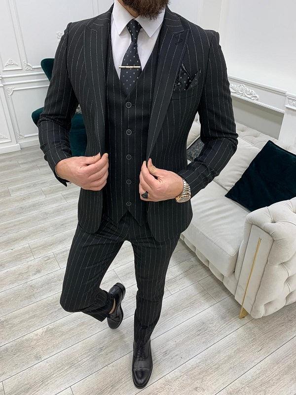 Miami Black Slim Fit Peak Lapel Pinstripe Suit