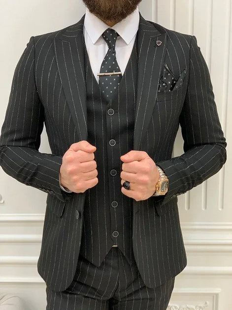 Miami Black Slim Fit Peak Lapel Pinstripe Suit