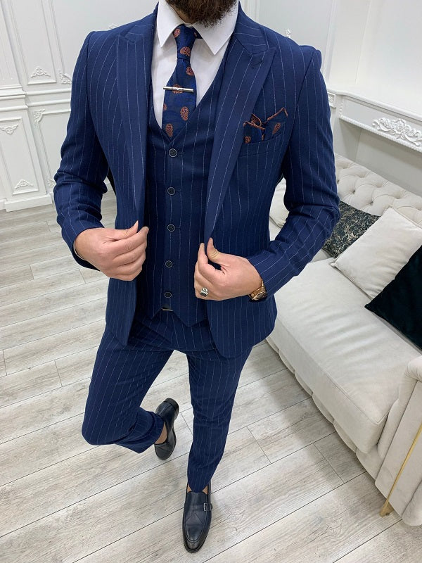 Miami Blue Slim Fit Peak Lapel Pinstripe Suit