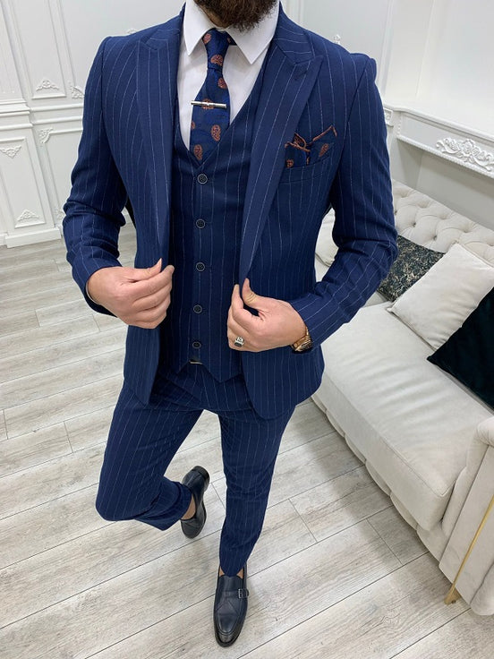 Blue Slim Fit Peak Lapel Pinstripe Suit