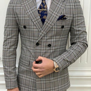 Miami Brown Gray Slim Fit Double Breasted Plaid Suit