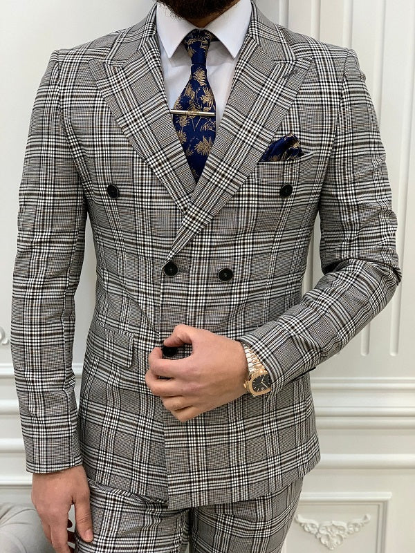 Miami Brown Gray Slim Fit Double Breasted Plaid Suit