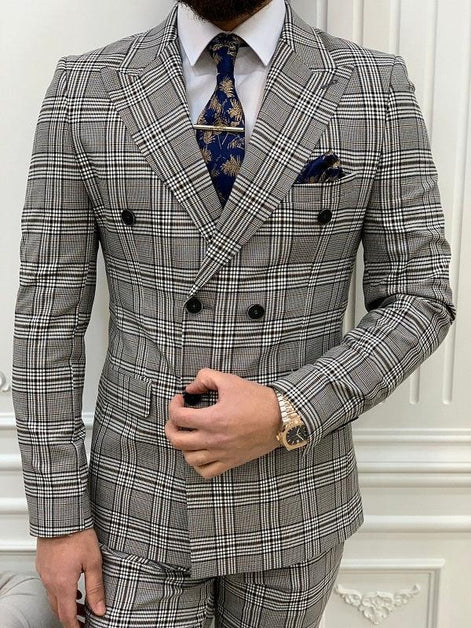 Miami Brown Gray Slim Fit Double Breasted Plaid Suit