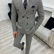 Miami Brown Gray Slim Fit Double Breasted Plaid Suit