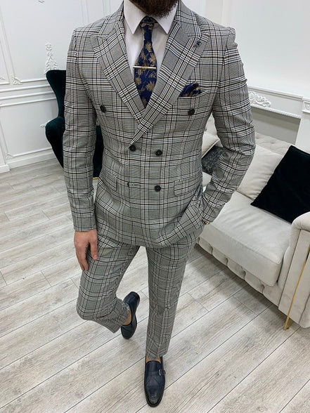 Miami Brown Gray Slim Fit Double Breasted Plaid Suit