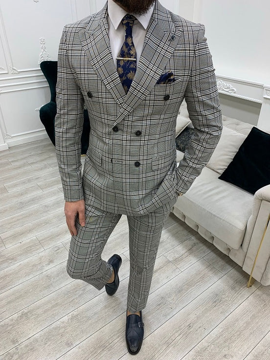 Brown Gray Double Breasted Plaid Suit
