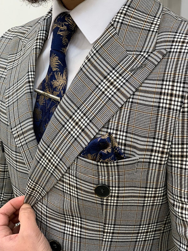 Miami Brown Gray Slim Fit Double Breasted Plaid Suit