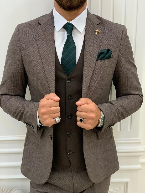 Brown Slim Fit Three Piece Notch Lapel Wedding Groom Suit for Men by GentWith.com with Free Worldwide Shipping