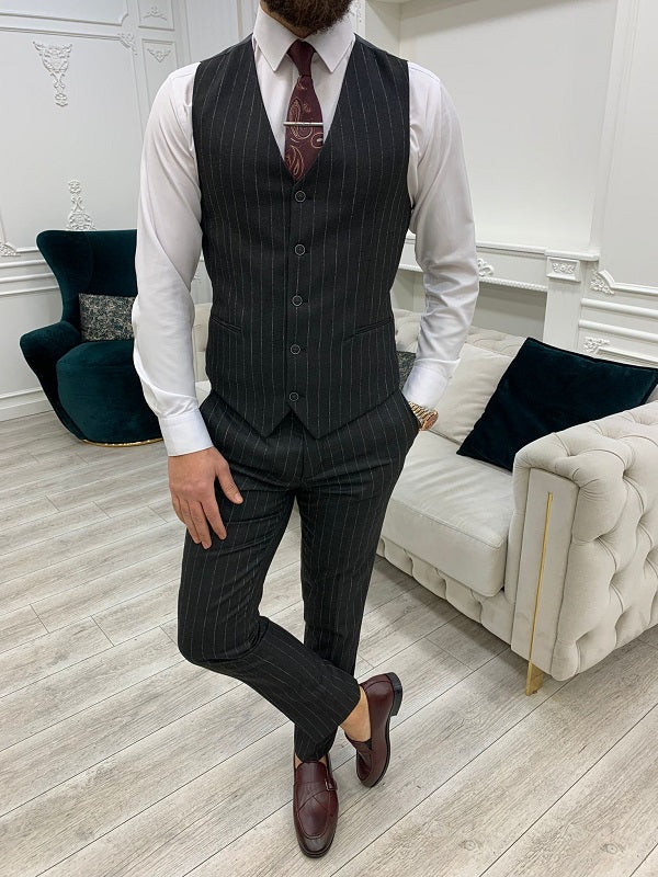 Miami Dark Gray Slim Fit Peak Lapel Pinstripe Suit