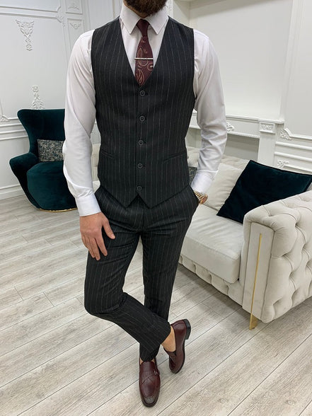 Miami Dark Gray Slim Fit Peak Lapel Pinstripe Suit