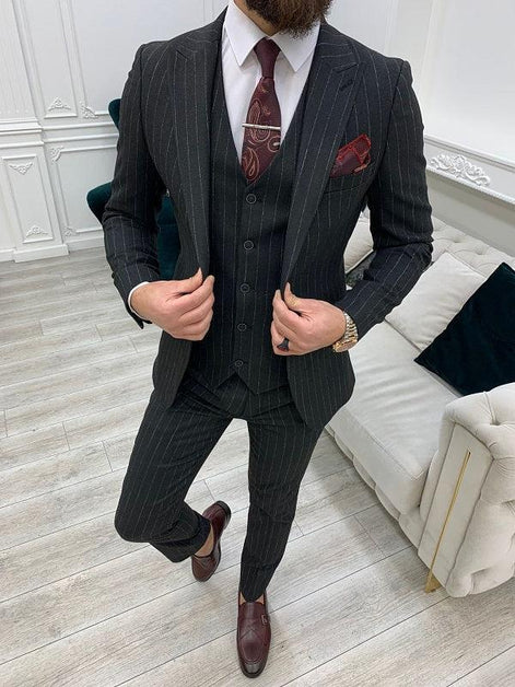 Miami Dark Gray Slim Fit Peak Lapel Pinstripe Suit