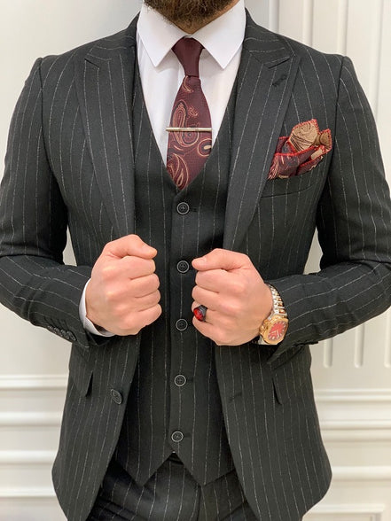 Miami Dark Gray Slim Fit Peak Lapel Pinstripe Suit