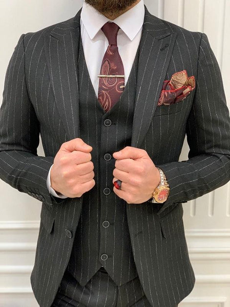 Miami Dark Gray Slim Fit Peak Lapel Pinstripe Suit