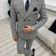 Miami Yellow Gray Slim Fit Double Breasted Plaid Suit