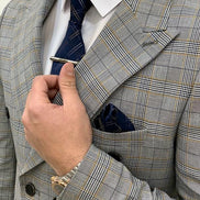 Miami Yellow Gray Slim Fit Double Breasted Plaid Suit