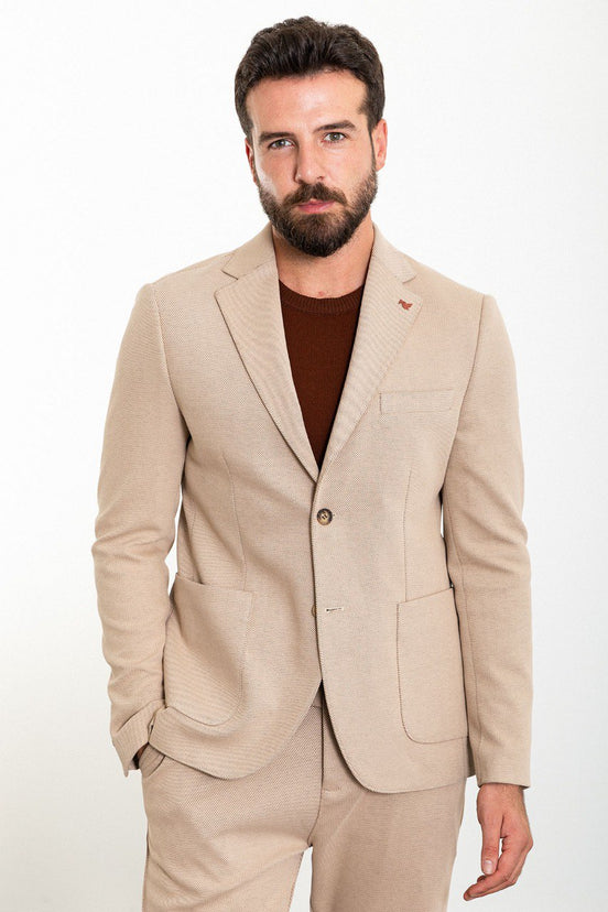 Beige Slim Fit Notch Lapel 2 Piece Suit