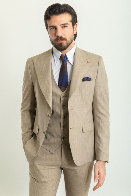 GentWith Mitchell Beige Slim Fit Peak Lapel 3 Piece Plain Suit