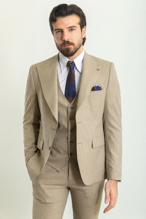 GentWith Mitchell Beige Slim Fit Peak Lapel 3 Piece Plain Suit