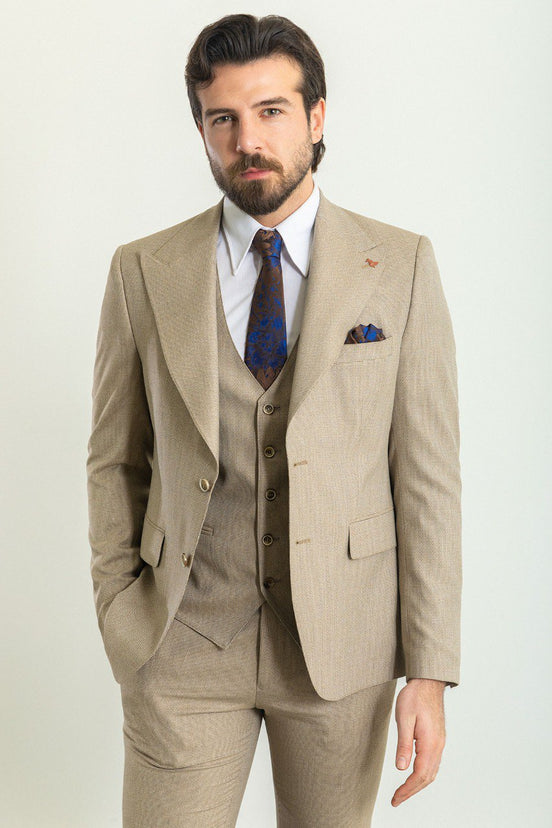 GentWith Mitchell Beige Slim Fit Peak Lapel 3 Piece Plain Suit