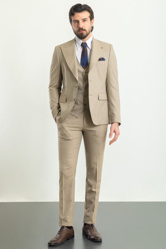 Beige Slim Fit Peak Lapel 3 Piece Plain Suit