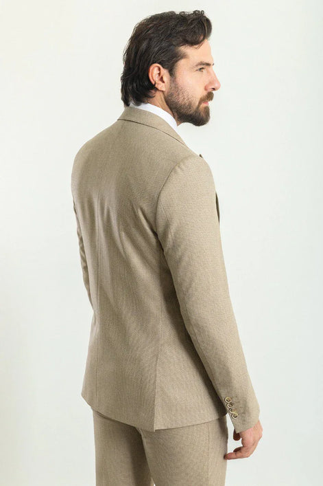 GentWith Mitchell Beige Slim Fit Peak Lapel 3 Piece Plain Suit