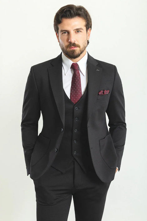 Mitchell Black Slim Fit Notch Lapel 3 Piece Suit
