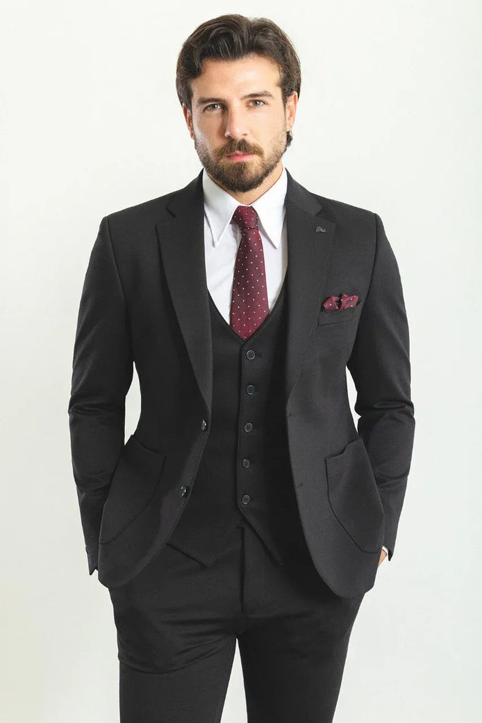 Mitchell Black Slim Fit Notch Lapel 3 Piece Suit