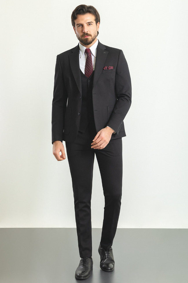 Mitchell Black Slim Fit Notch Lapel 3 Piece Suit