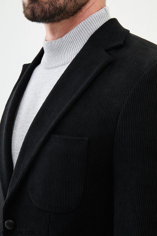Black Slim Fit Notch Lapel Striped Men's Velvet Blazer
