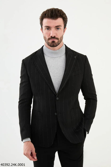 Mitchell Slim Fit Chalk Stripe Black Wool Blazer