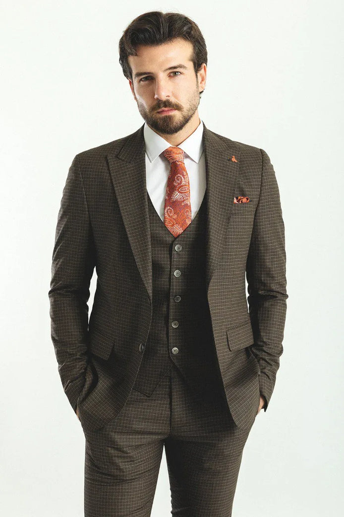 Mitchell Brown Slim Fit Peak Lapel 3 Piece Check Suit