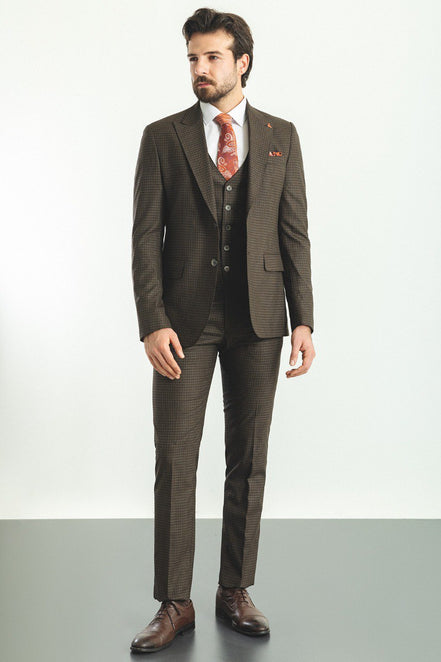 Mitchell Brown Slim Fit Peak Lapel 3 Piece Check Suit