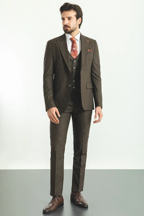 Mitchell Brown Slim Fit Peak Lapel 3 Piece Check Suit