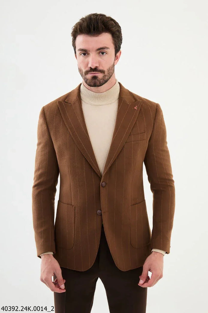Mitchell Slim Fit Chalk Stripe Brown Wool Blazer